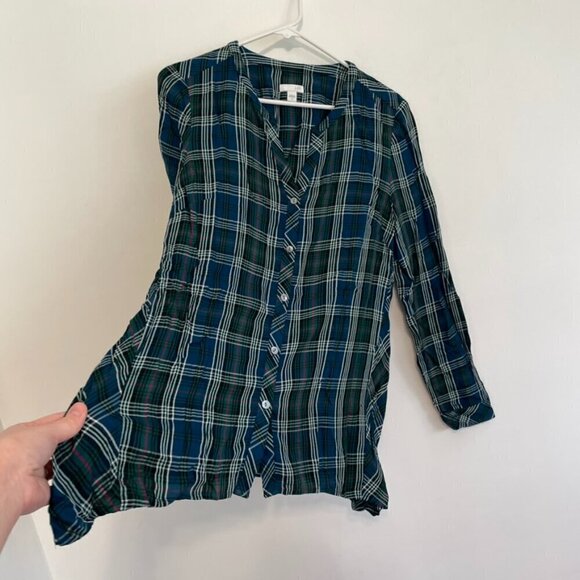 J. JILL Plaid Dipped Hem Button Up Tunic Blue Green Lightweight Button Down S - Picture 8 of 16